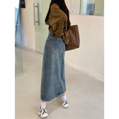 Denim Skirt Women's Mid-Length Skirt New Spring and Autumn Korean Style Retro High Waist A-Line Skirt