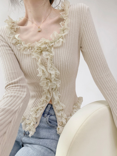 Fengshen's sultry square-neck lace-edged long-sleeved sweater for women, retro short, slim-fitting bottoming top