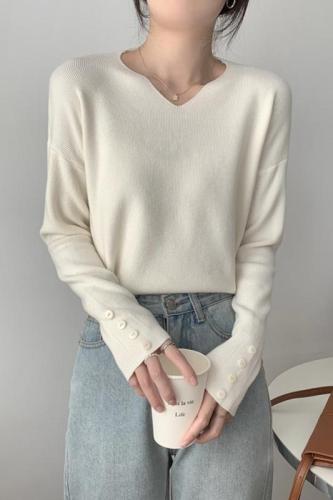Autumn and winter Korean style loose v-neck pullover sweater long-sleeved knitted women's bottoming shirt