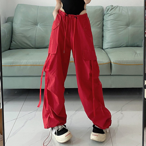 American style work trousers for women summer new style loose design drawstring straight leg leggings trendy wide leg trousers