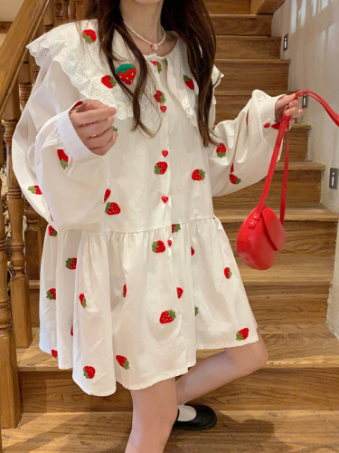 Sweet age-reducing long-sleeved dress for women spring new heavy-duty printed strawberry doll collar loose and stylish skirt trendy