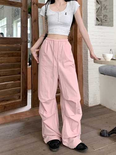 Solid color overalls American casual pants women's new style straight pants design wide leg pants long pants