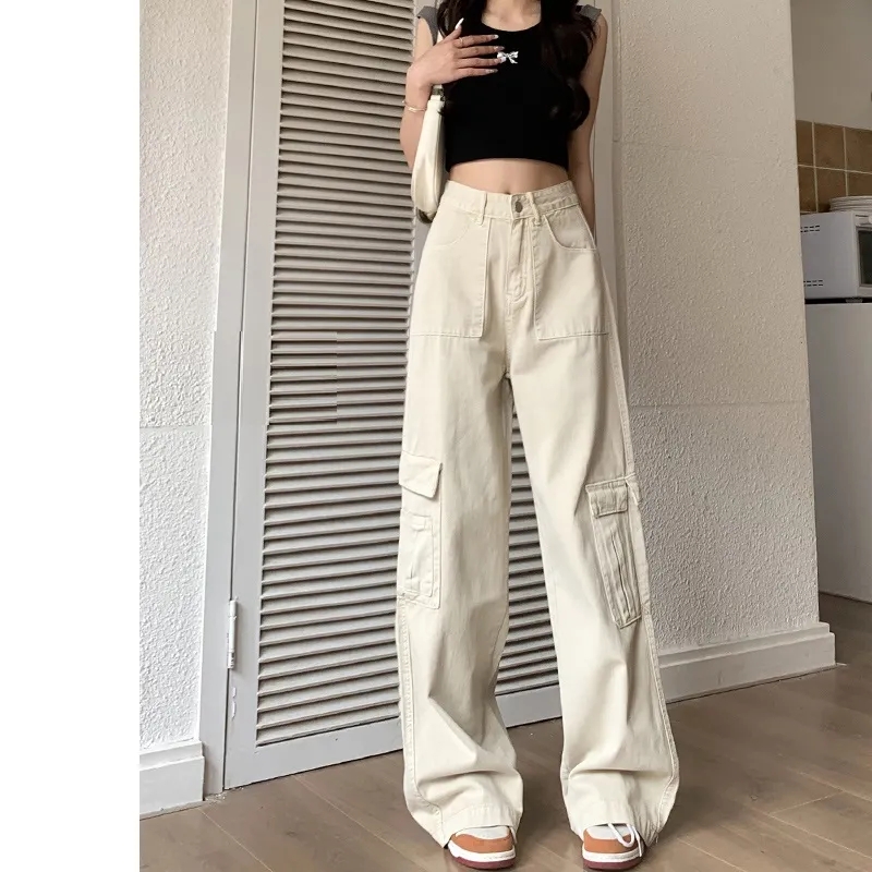 Chestnut-colored high-waisted work pants with autumn new design, multiple pockets, loose and slimming, street-style versatile wide-leg pants
