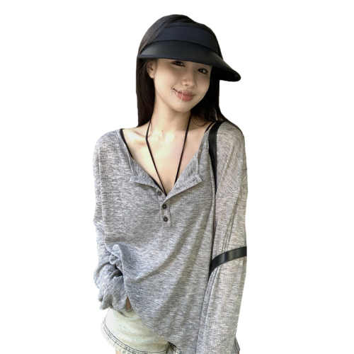 Lazy pure lust style long-sleeved t-shirt for women spring and autumn thin casual sun protection blouse loose slimming mid-length v-neck top