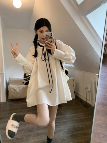 Plus size women's clothing for fat mm, Korean style, sweet and loose design, contrasting color straps, age-reducing doll style long-sleeved dress for women