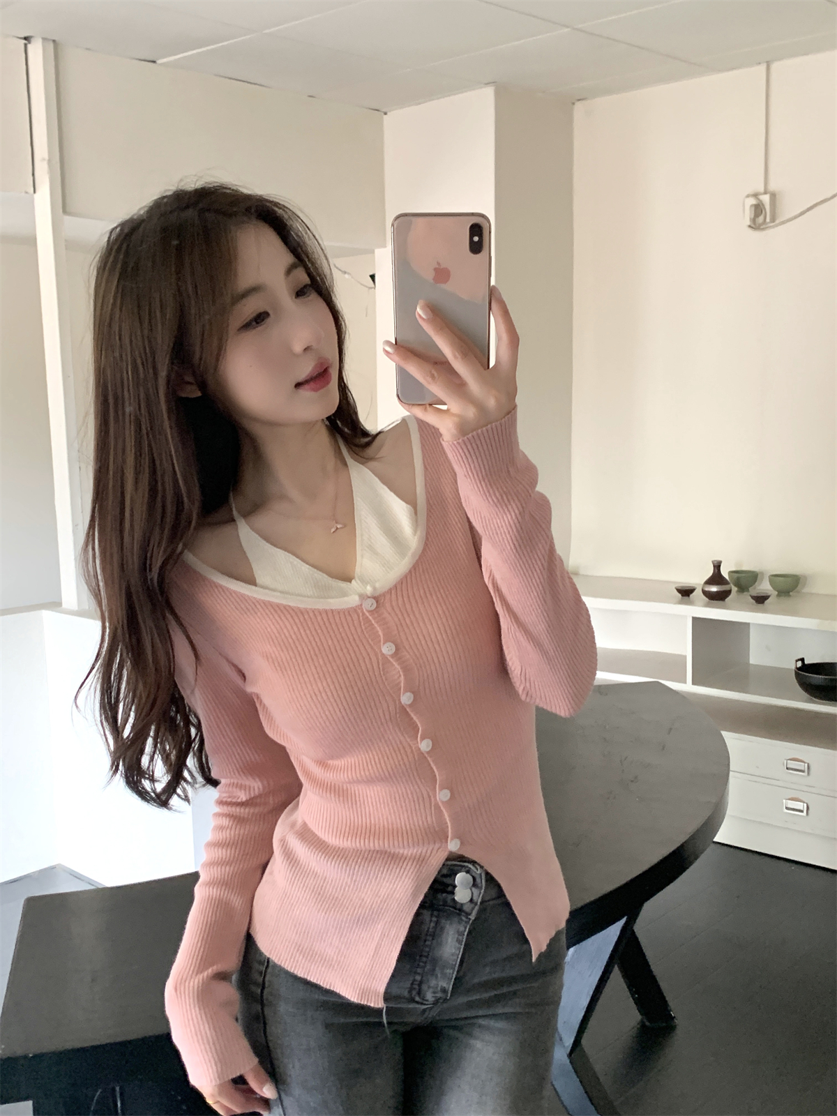 Real shot Autumn Korean version of Pure Desire Contrast Color Halter Single Breasted Fake Two Piece 6 Wool Sweater Long Sleeve Top