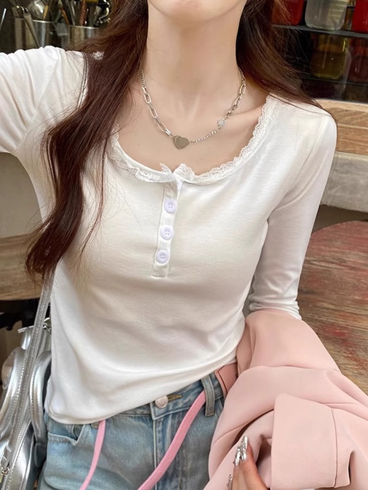 Pure Desire Semi-Open Collar Long-Sleeve T-Shirt for Women, Early Autumn Lace Edge Beautiful Top, Stylish Inner Layer Base Shirt Top