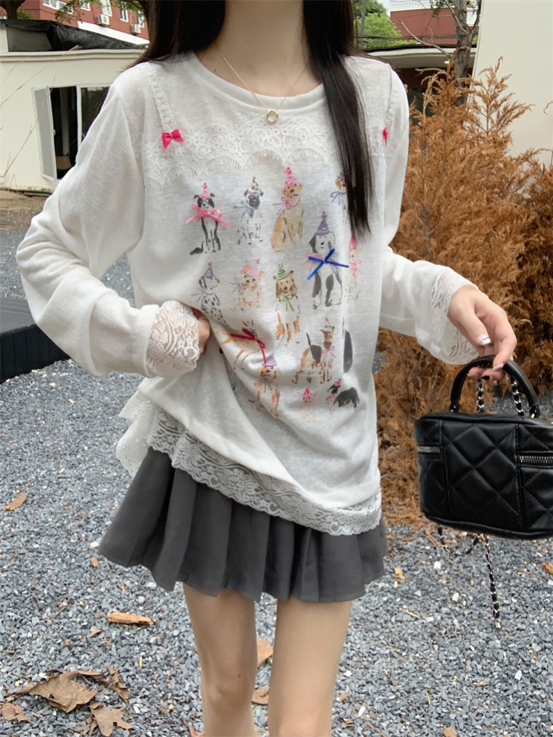 Real shot, real autumn new lace printed long-sleeved T-shirt for women