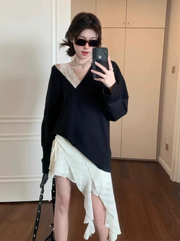 Hot girl's lazy style big V-neck loose slimming long-sleeved sweatshirt top hot girl's slimming irregular skirt