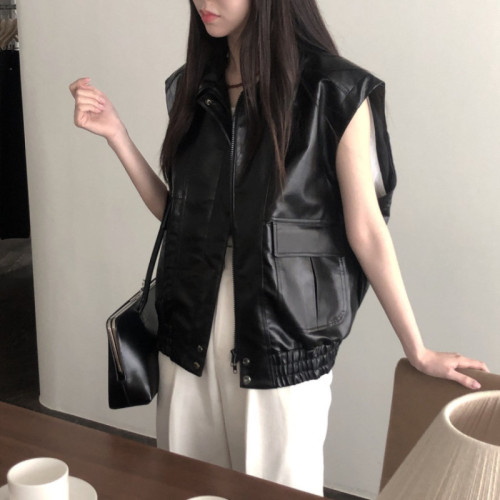 Korean chic autumn new retro versatile lapel zipper large pocket loose sleeveless PU leather vest jacket