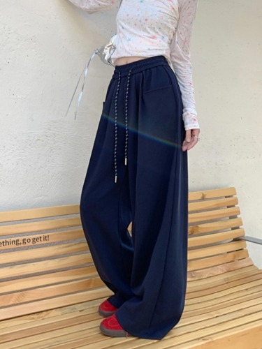 Lazy gray casual pants, autumn sweatpants, women's high-waisted straight pants, wide-leg pants, long trousers, drapey floor-length pants