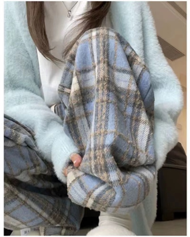 Original cloth composite milk silk blue western style plaid pants for women autumn and winter high waist drape casual woolen wide leg pants