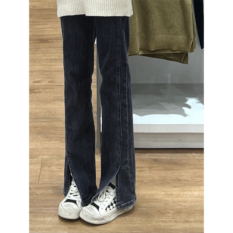 High-waisted straight leg slit jeans plus size women with pear-shaped body and slightly chubby pants ins high street fashion autumn