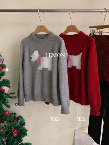 Korean style puppy lace jacquard pullover sweater for women autumn and winter new style loose sweet soft waxy temperament sweater top