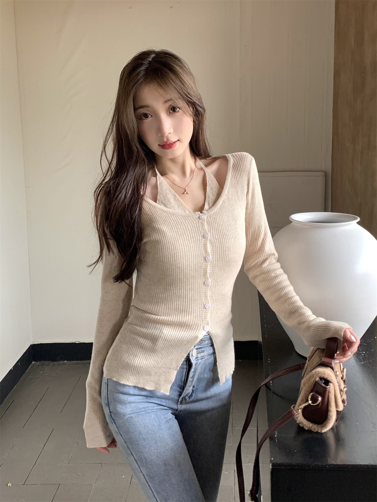 Real shot Autumn Korean style Pure Desire Slim Single Breasted Contrast Color Fake Two Piece 6 Wool Sweater Long Sleeve Top