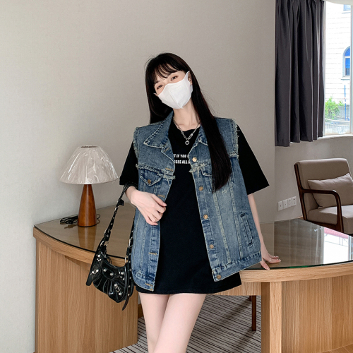 Actual shot ~ Korean style American retro denim vest jacket new style raw edge design niche loose sleeveless waistcoat