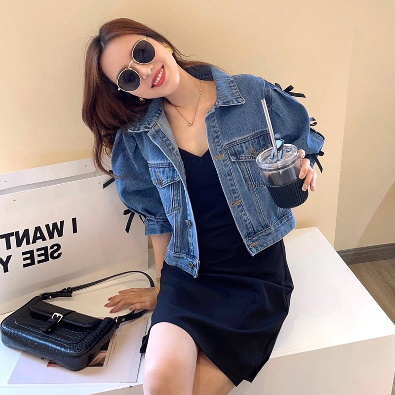 Bow denim jacket suspender dress suit women's spring new high-quality two-piece trendy set