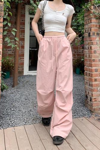 Solid color overalls American casual pants women's new style straight pants design wide leg pants long pants