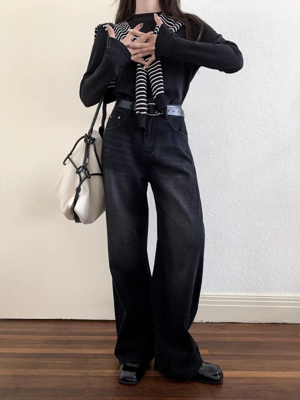 Hello Canon Retro Style Washed Black Jeans New Style Women's Loose High Waist Straight Wide Leg Pants Autumn