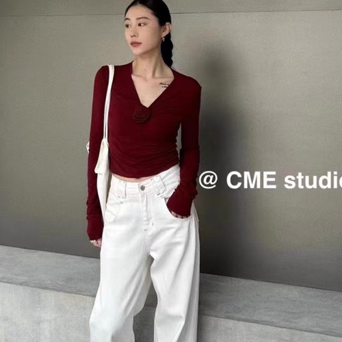 CME autumn 2024 new style chic three-dimensional flower long-sleeved shoulder T-shirt women's slim fit hot girl short top