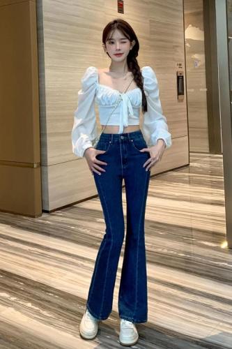 Actual shot of 2024 autumn new style spliced ​​high-waisted slim fit stretch micro-flare jeans for women floor-length trousers