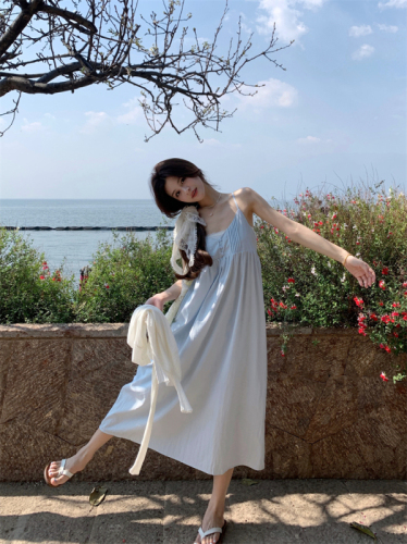 New Korean style sweet fairy solid color suspender dress slim and versatile mid-length skirt for women