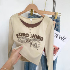 New spring and autumn fake two-piece long-sleeved T-shirt for women, slim fit, short, chic printed top