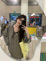 Striped knitted sun protection blouse for women summer new thin ice silk long-sleeved T-shirt loose air-conditioning shirt top