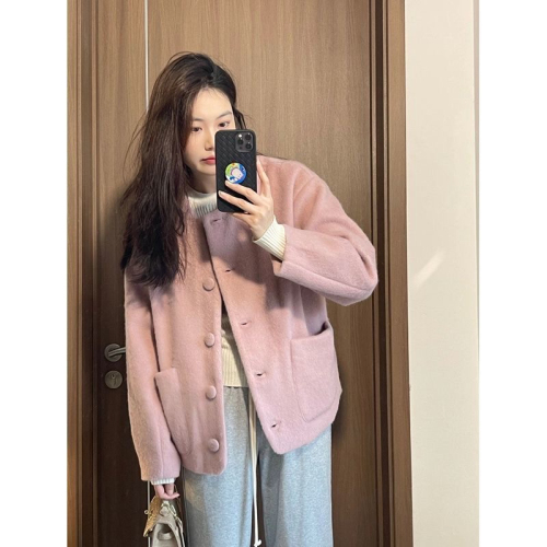 Korean simple casual versatile pink jacket 2024 autumn and winter new style lazy style gentle temperament niche tops for women