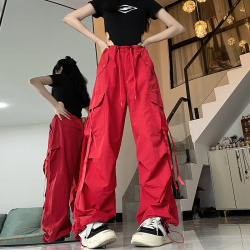 American style work trousers for women summer new style loose design drawstring straight leg leggings trendy wide leg trousers