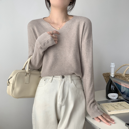 Autumn and winter Korean style loose v-neck pullover sweater long-sleeved knitted women's bottoming shirt