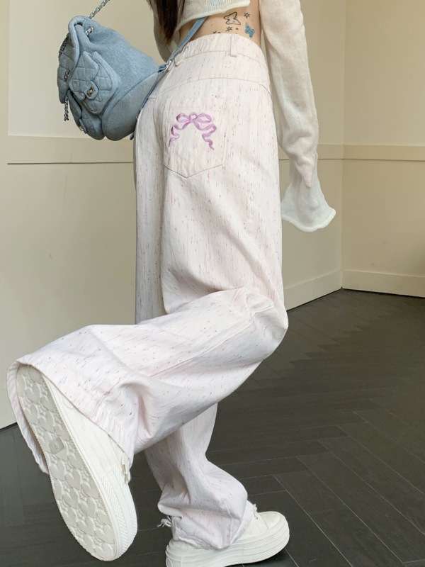 Designed bow denim wide-leg pants for women, summer ballet style high-waisted straight pants, trendy floor-length pants