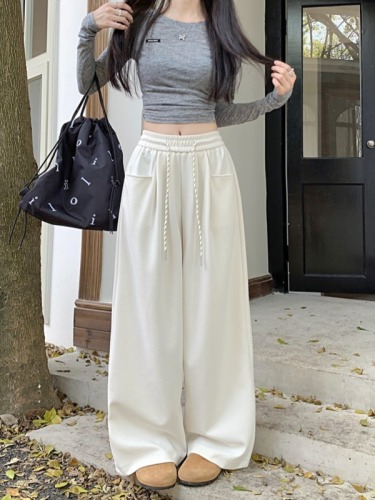 Lazy gray casual pants, autumn sweatpants, women's high-waisted straight pants, wide-leg pants, long trousers, drapey floor-length pants