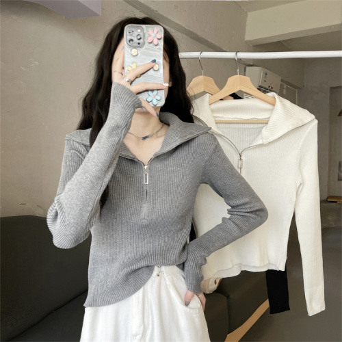 3 Long-sleeved polo shirt knitted cardigan for women spring and autumn  new style lapel short top