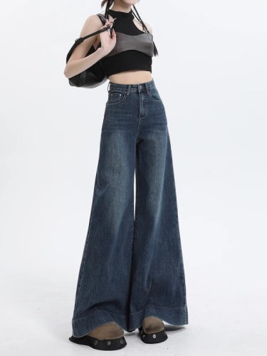 Retro wide-leg jeans for women summer 2024 new high-waisted loose slimming drapey floor-length pants