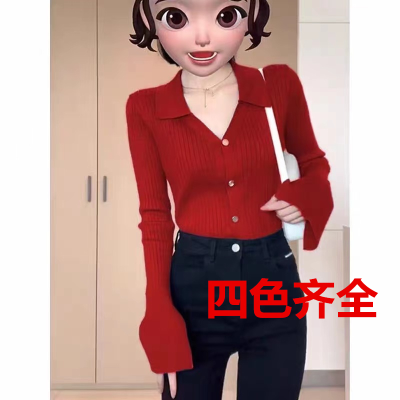 Red Polo collar knitted cardigan for women in spring new style French-style slim-fitting inner wear long-sleeved bottoming top