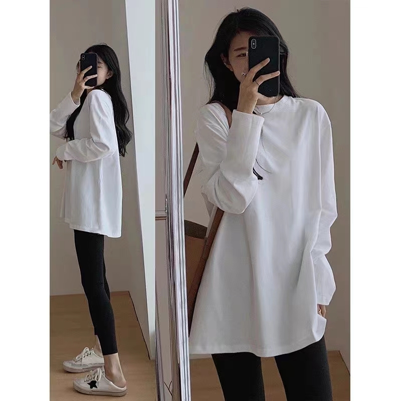 Personalized solid color long-sleeved T-shirt for women, white contrasting color, simple inner layer, high-end bottoming top
