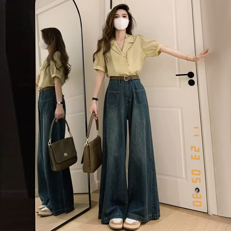 American Retro High Waist Straight Leg Loose Jeans Women's New Autumn Slimming Wide Leg Flared Jeans