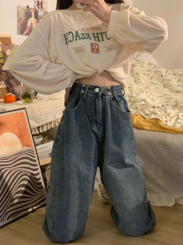 Retro high-waist jeans women's new straight-leg loose slimming floor-length wide-leg pants