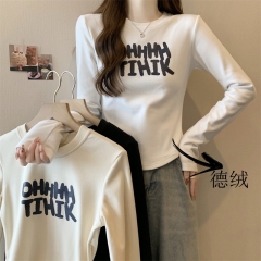 Large size German velvet bottoming shirt for women, new autumn and winter slim fit, right shoulder long-sleeved T-shirt, versatile top