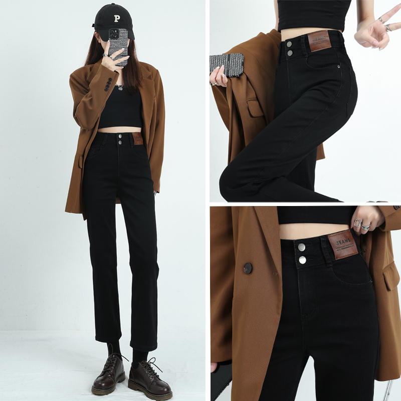 Autumn and winter new popular velvet straight jeans for women black high-waisted nine-point cigarette pants for small people
