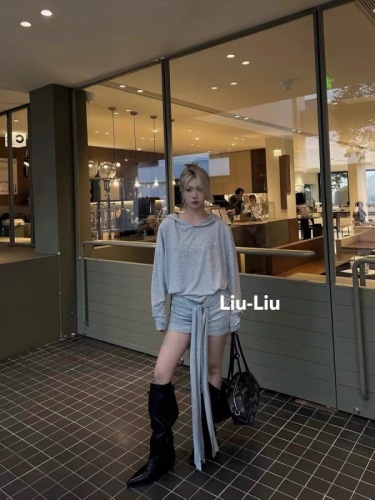 LiuLiu新款美式甜蜜灰色纯棉汤烫洋妞连衣裙