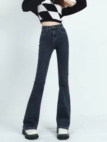 Large size black micro-flared jeans, new fat MM spring and summer elastic high-waisted loose slimming horseshoe pants