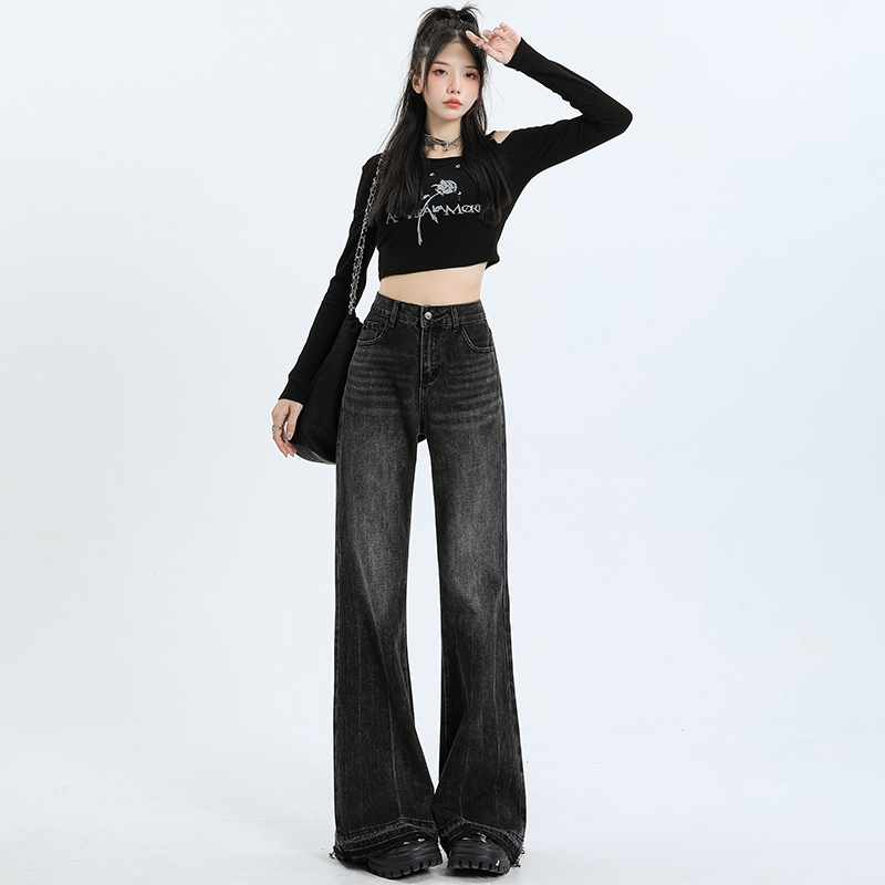 American velvet black and gray raw edge micro-flared jeans for women high-waisted hot girl style floor-length thickened jeans