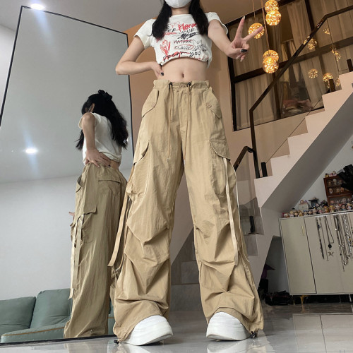 American style work trousers for women summer new style loose design drawstring straight leg leggings trendy wide leg trousers