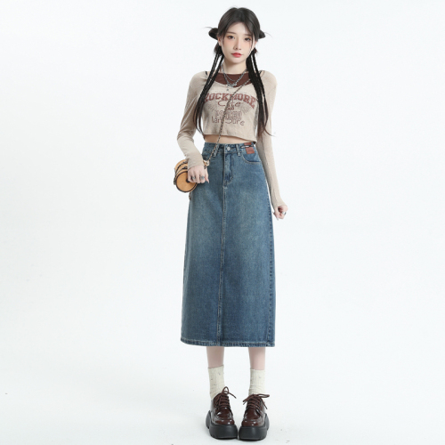 Slit denim skirt for women spring and summer new high-waist slim versatile mid-length skirt