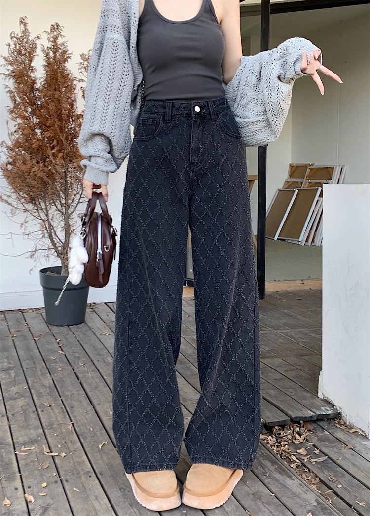 Real shot!  Designed rhombus jacquard denim wide-leg pants, trendy hot girl high-waist slim straight-leg pants