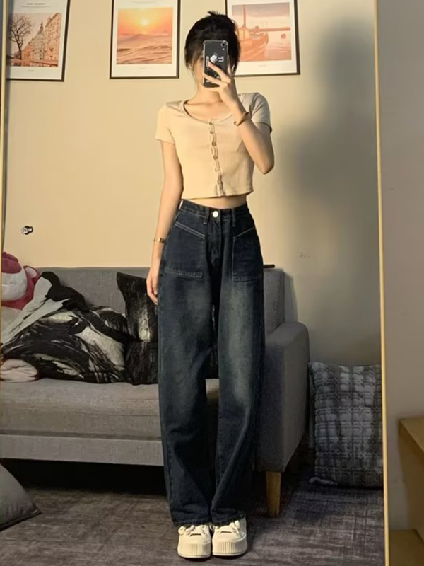 Retro blue high street wide leg jeans for women plus size fat mm legs thick loose slimming fat sister pear shaped body pants