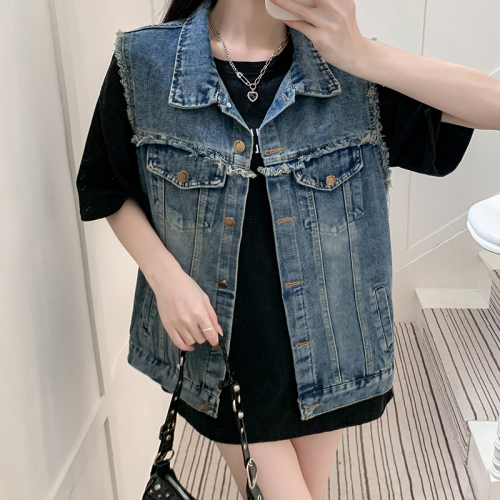 Actual shot ~ Korean style American retro denim vest jacket new style raw edge design niche loose sleeveless waistcoat