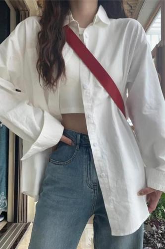 Long-sleeved white shirt for women in spring and autumn, loose commuting layering, inner wear, niche ins trendy high-end jacket top